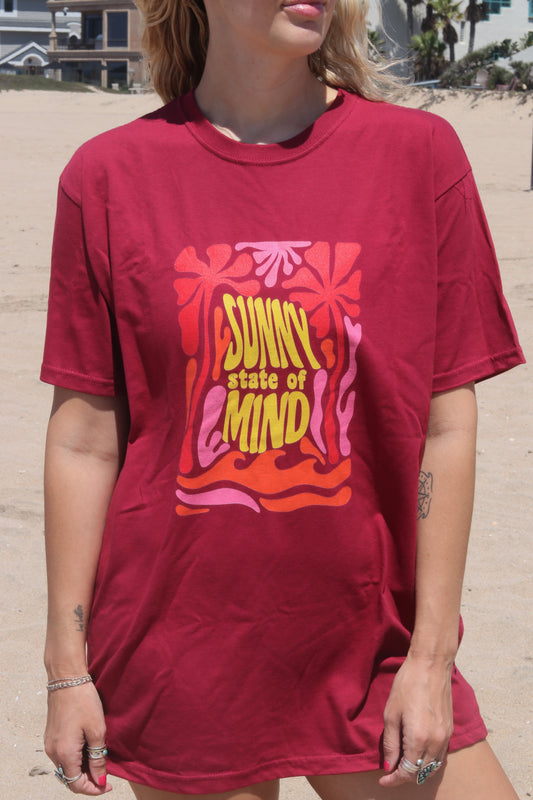 Close Up of Sunny State of Mind tee printed on 100% cotton tee