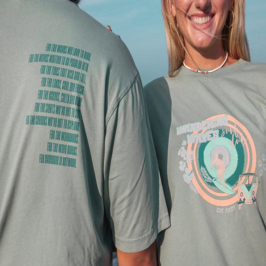 "Surf Club Mantra Tee" by Wandering Waves Surf Company designed by Amanda Vick of Moon and Wolf Co.