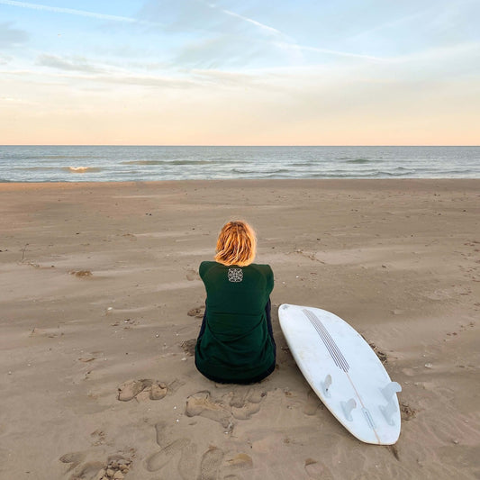Wandering Waves Surf Company compass logo on back of "Great Lakes, Great Waves" crewneck