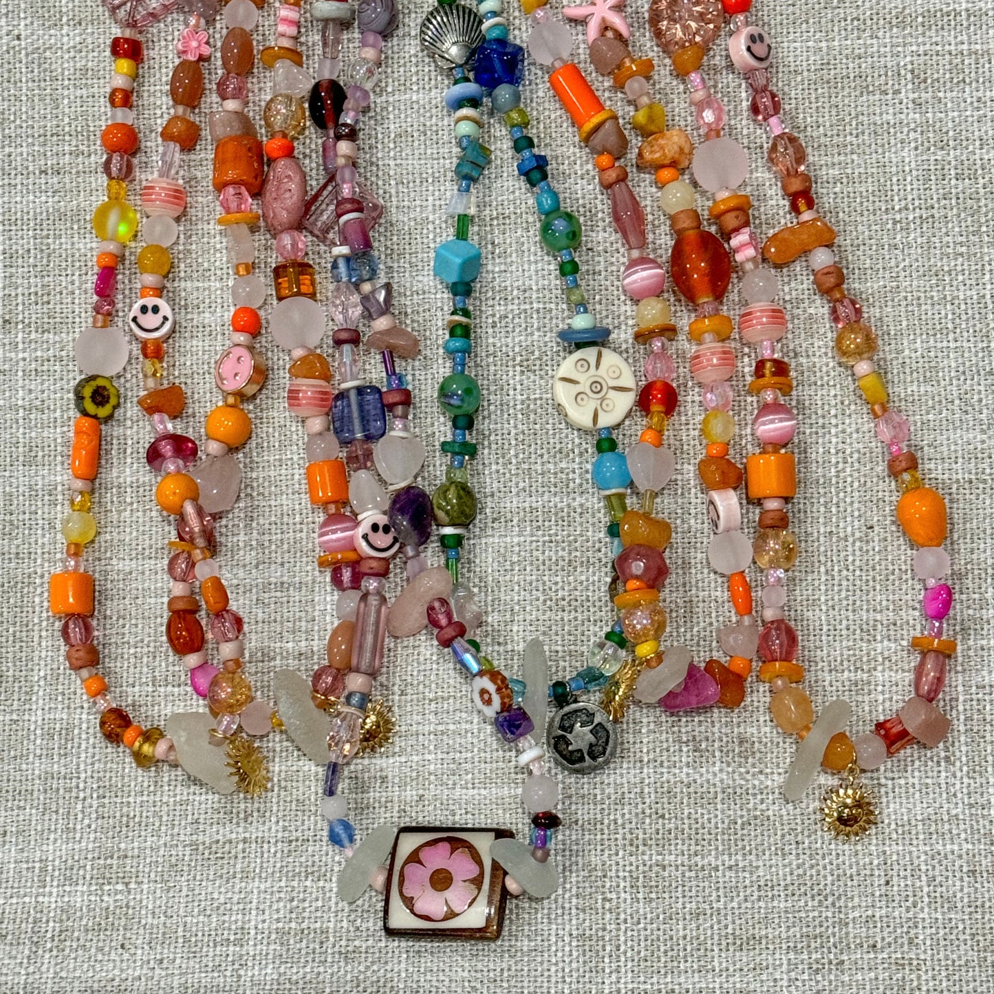 Handmade beaded necklaces with sea glass found on the shores of Lake Michigan