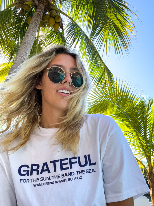 100% organic cotton Grateful Tee. Grateful for the sun, the sand, the sea.