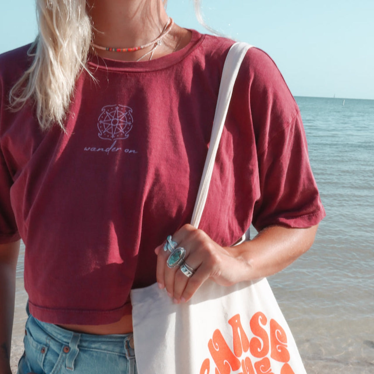 "Wander On Crop" by Wandering Waves Surf Company featuring "Chase the Sun tote" by Wandering Waves Surf Company