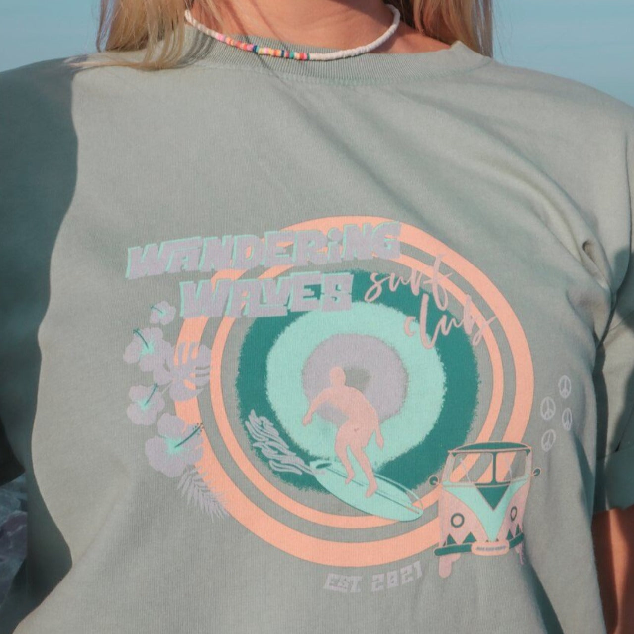 "Surf Club Mantra Tee" by Wandering Waves Surf Company designed by Amanda Vick of Moon and Wolf Co.