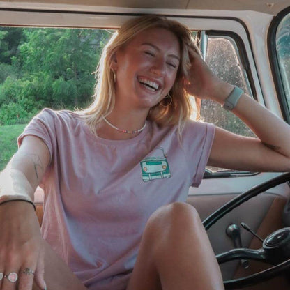 "Surf Van Rolled Sleeve Tee" a ladies tshirt inspired by our favorite surf van, the VW bus!
