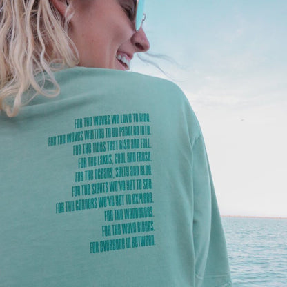 "Surf Club Mantra Tee" by Wandering Waves Surf Company designed by Amanda Vick of Moon and Wolf Co.
