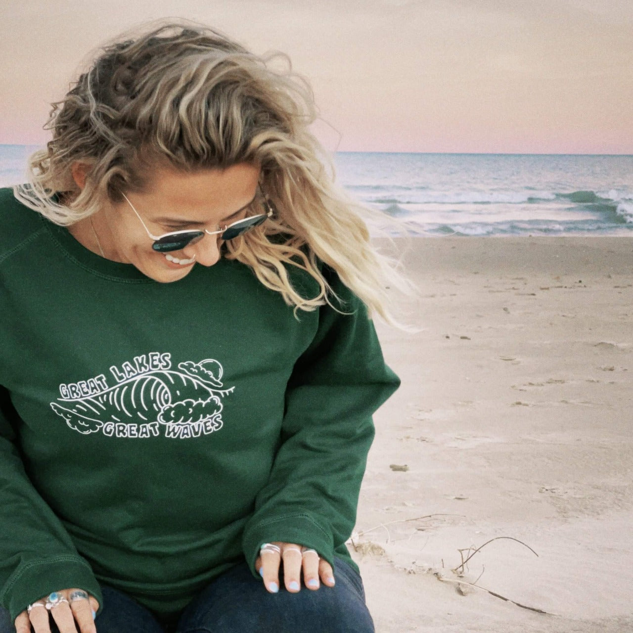 "Great Lakes, Great Waves" crewneck for Great Lakes lovers and Great Lakes surfers.